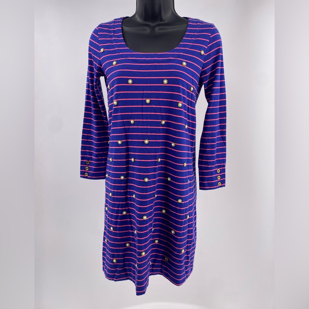 Lilly Pulitzer Pink Blue Striped Pearl Dress Long Sleeve XXS Cotton